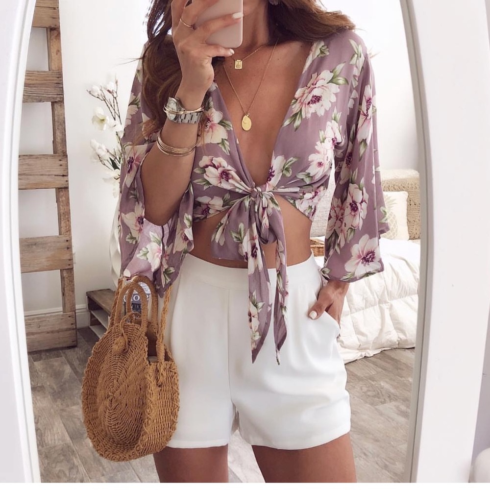 OHM Boutique floral bell sleeve crop top